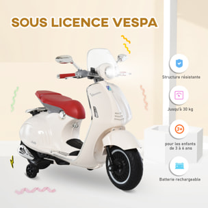 Scooter moto électrique enfant Vespa 6V 30W 2 roulettes auxiliaires effets sonores lumineux crème