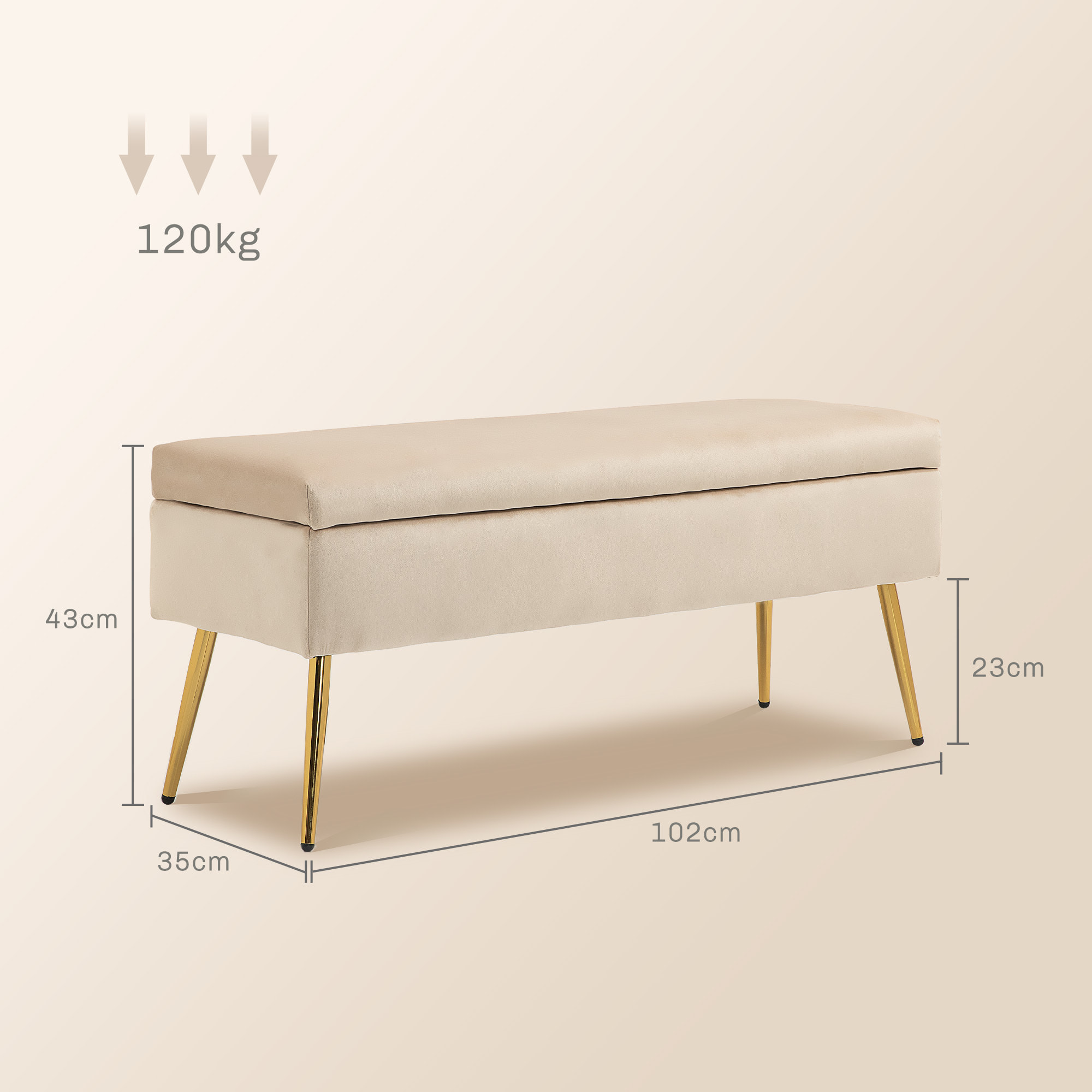 Banquette coffre style Art déco - piètement incliné effilé acier doré assise velours beige