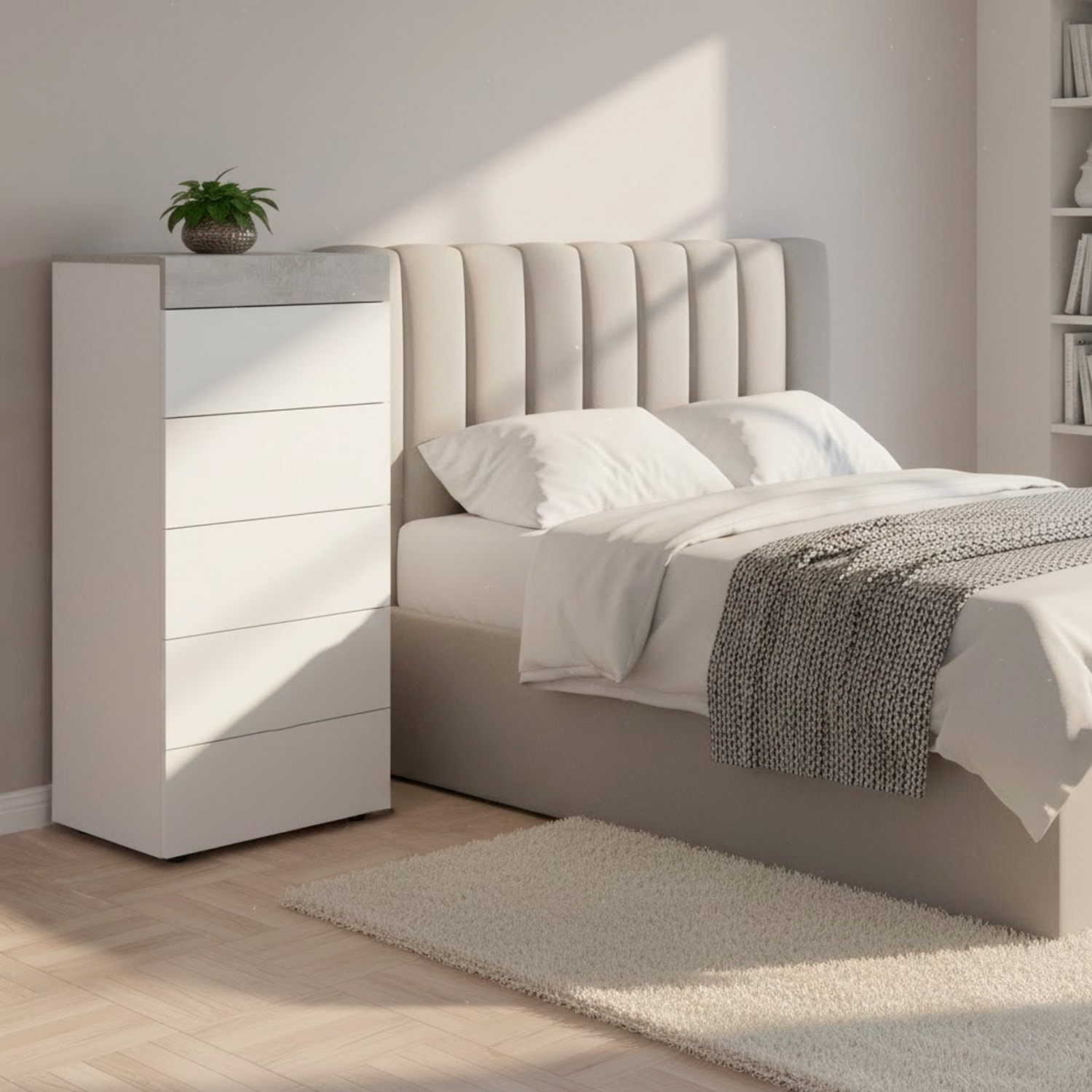 Comò Cassettiera Per Camera Da Letto Settimino Con 5 Cassetti Design Moderno Salvaspazio Mobile Comodino 110 x 40 x 61 Cm Bianco E Grigio Cemento
