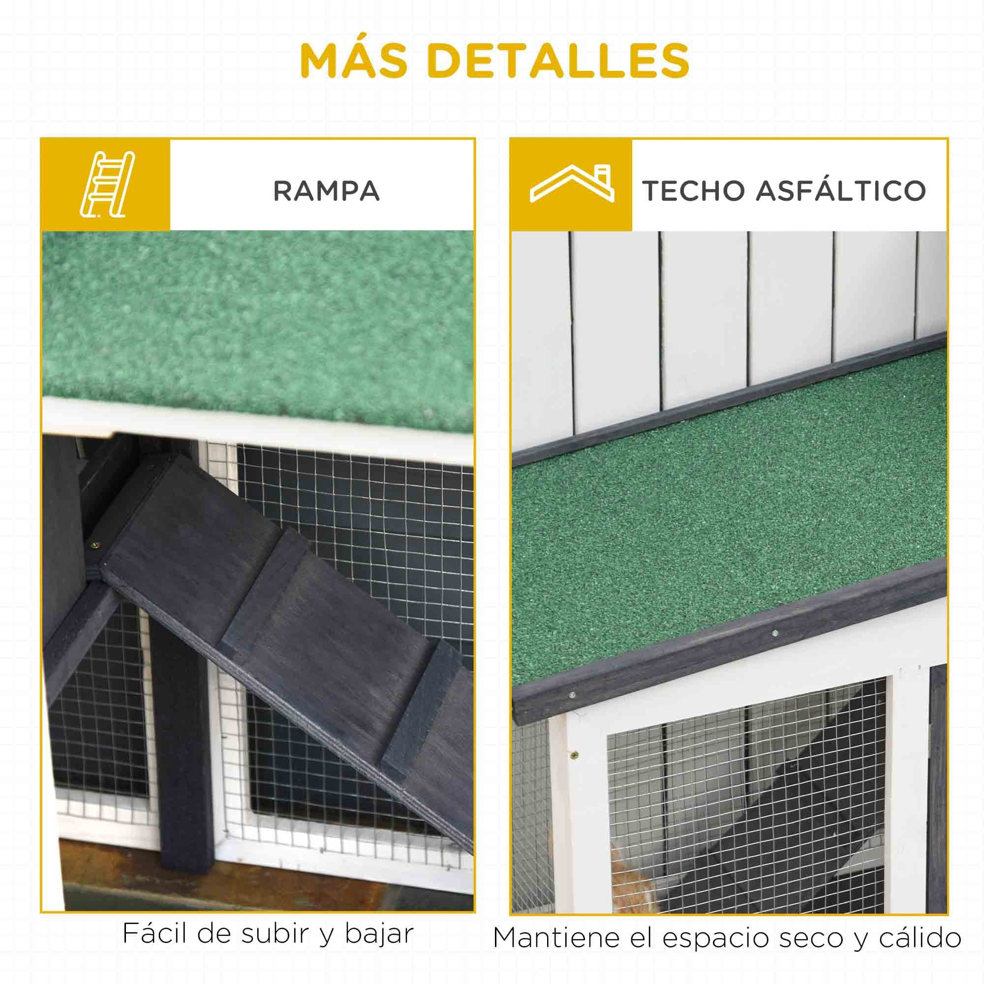 Conejera de Madera Jaula para Conejos con Techo Abatible Escalera y Bandeja Extraíble Conejera para Exterior 197x49x86 cm Gris
