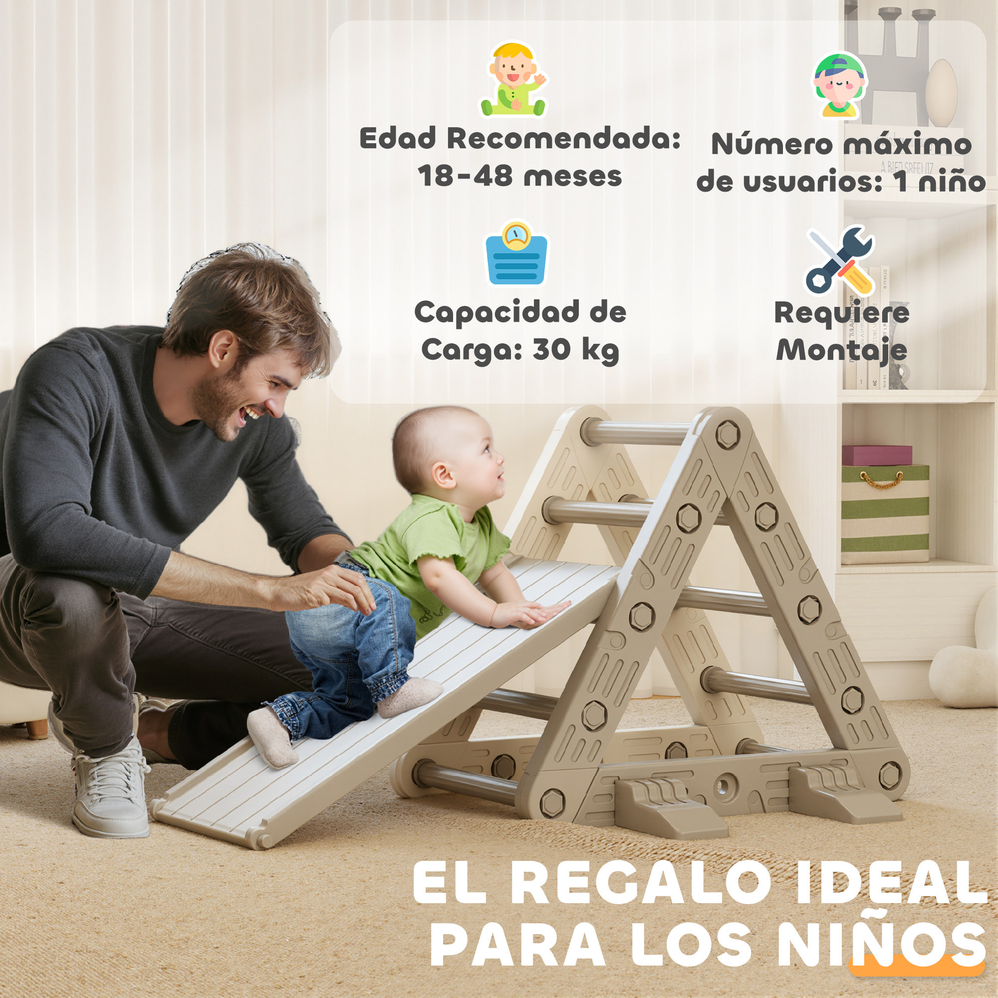 Triángulo de Escalada 3 en 1 con Tobogán y Rampa Escalador, Juguete de Escalada para Niños de 18-48 Meses, de Plástico, para Interior y Exterior, Gris y Blanco