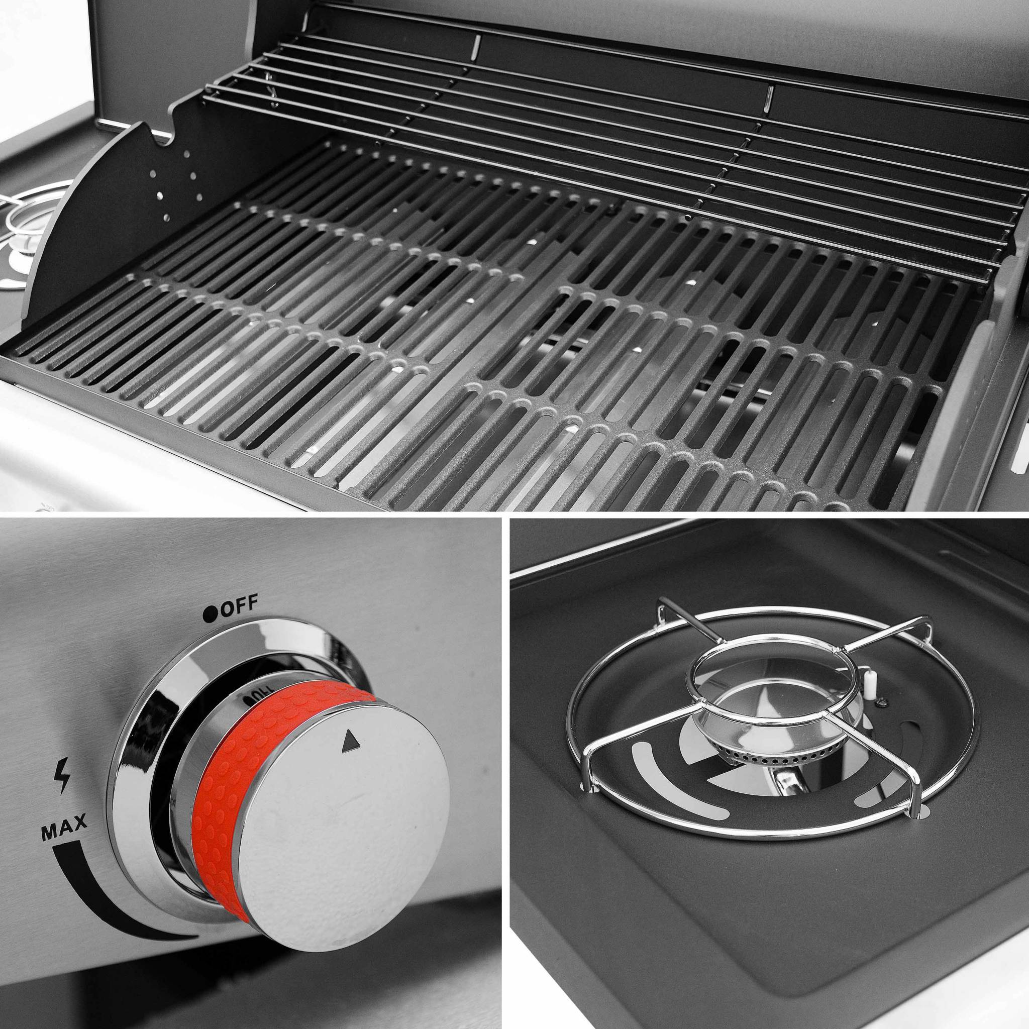 Barbecue au gaz - Bazin  Gris anthracite -  Cuisine extérieure 5 brûleurs dont 1 feu latéral avec tablettes et thermomètre. rangement. roues