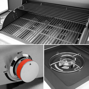 Barbecue au gaz - Bazin  Gris anthracite -  Cuisine extérieure 5 brûleurs dont 1 feu latéral avec tablettes et thermomètre. rangement. roues