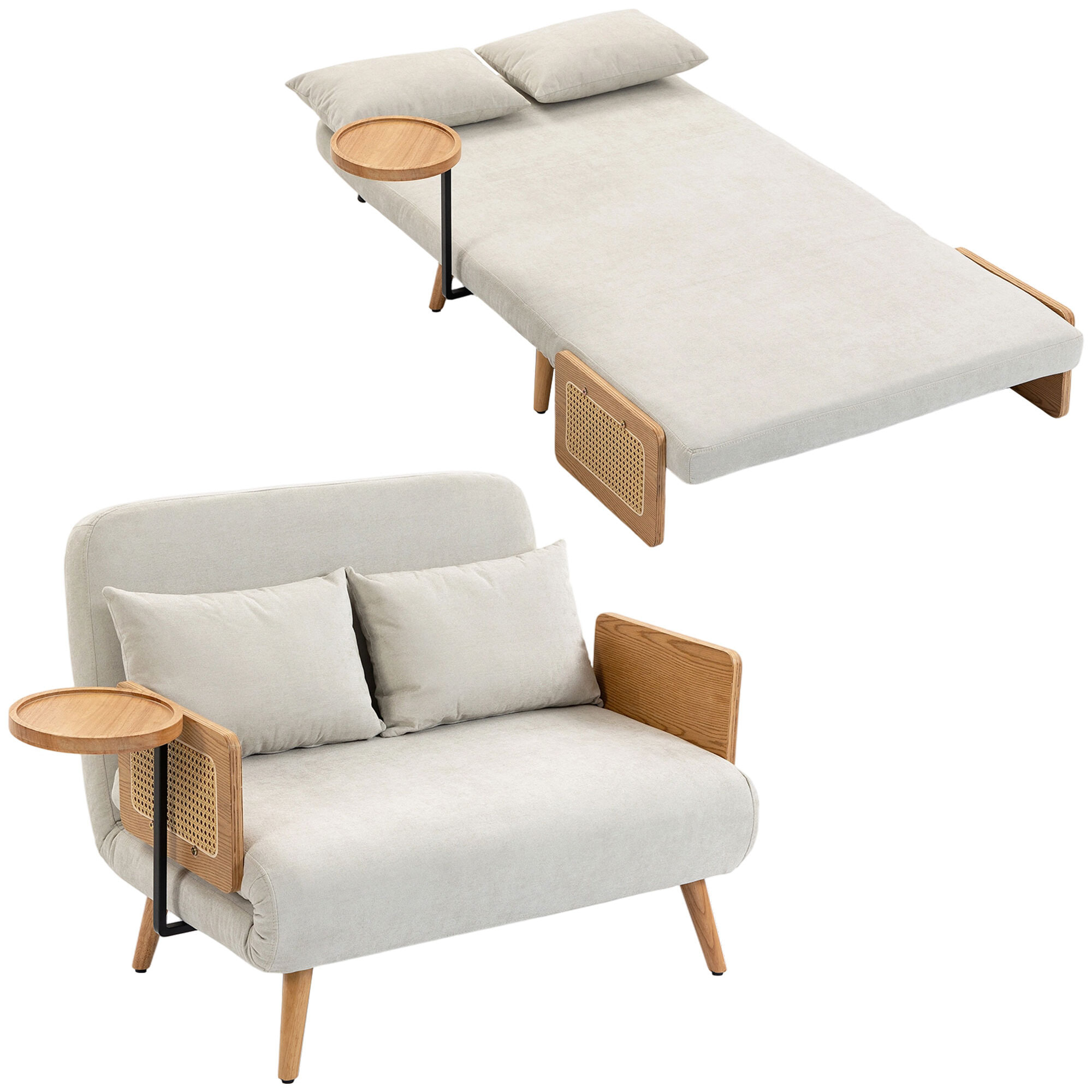 Sofá Cama 2 Plazas Convertible, 3 en 1, Sofá Cama Plegable, Tapizado Chenilla, Respaldo Ajustable, Mesa Lateral de Madera, 2 Almohadas con Funda Lavable, para Salón, 131x78x82 cm, Blanco Crema