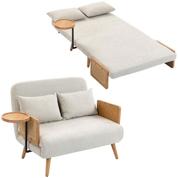 Sofá Cama 2 Plazas Convertible, 3 en 1, Sofá Cama Plegable, Tapizado Chenilla, Respaldo Ajustable, Mesa Lateral de Madera, 2 Almohadas con Funda Lavable, para Salón, 131x78x82 cm, Blanco Crema