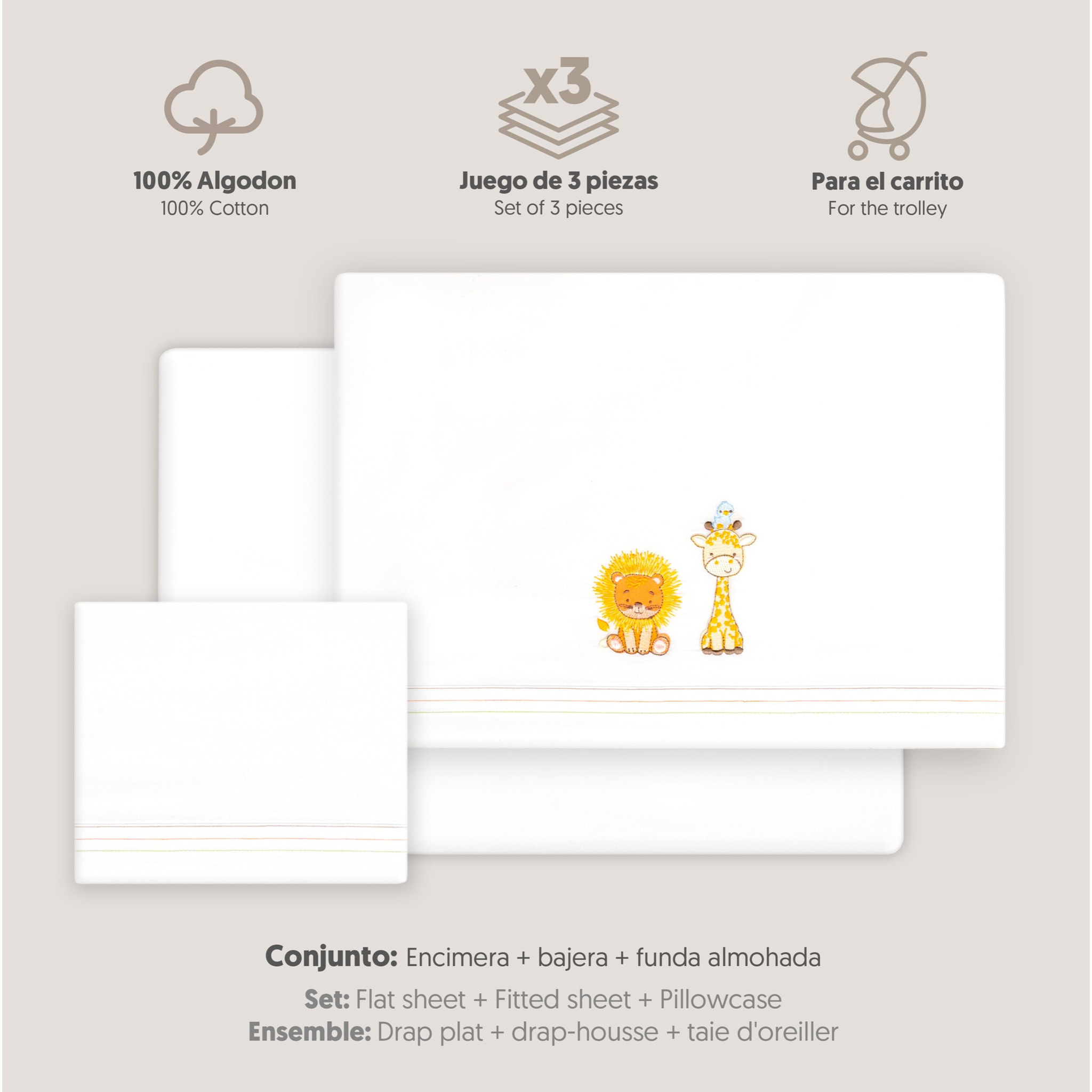 Triptico Coche Leon Jirafa Pajarito Blanco