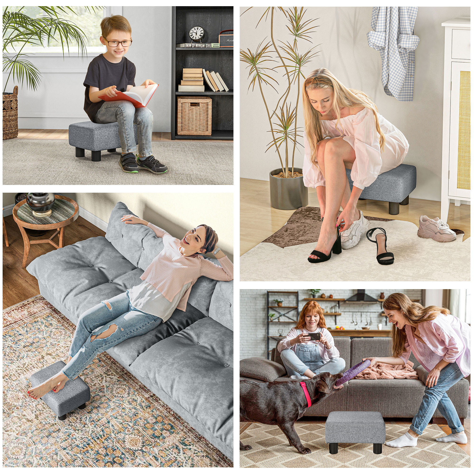 Reposapiés de Salón Taburete Bajo Tapizado en Lino Otomana Rectangular con Estructura de Madera para Sala de Estar Dormitorio Gris