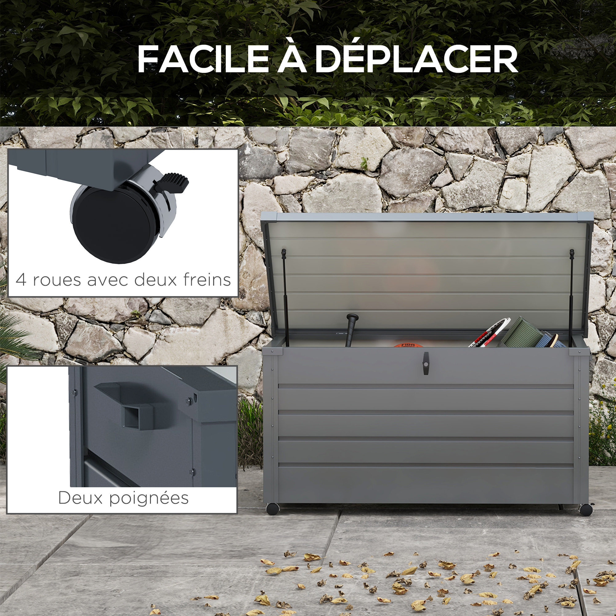Coffre de jardin grande taille 311L verrouillable - roulettes, poignées, vérins gaz - acier anthracite