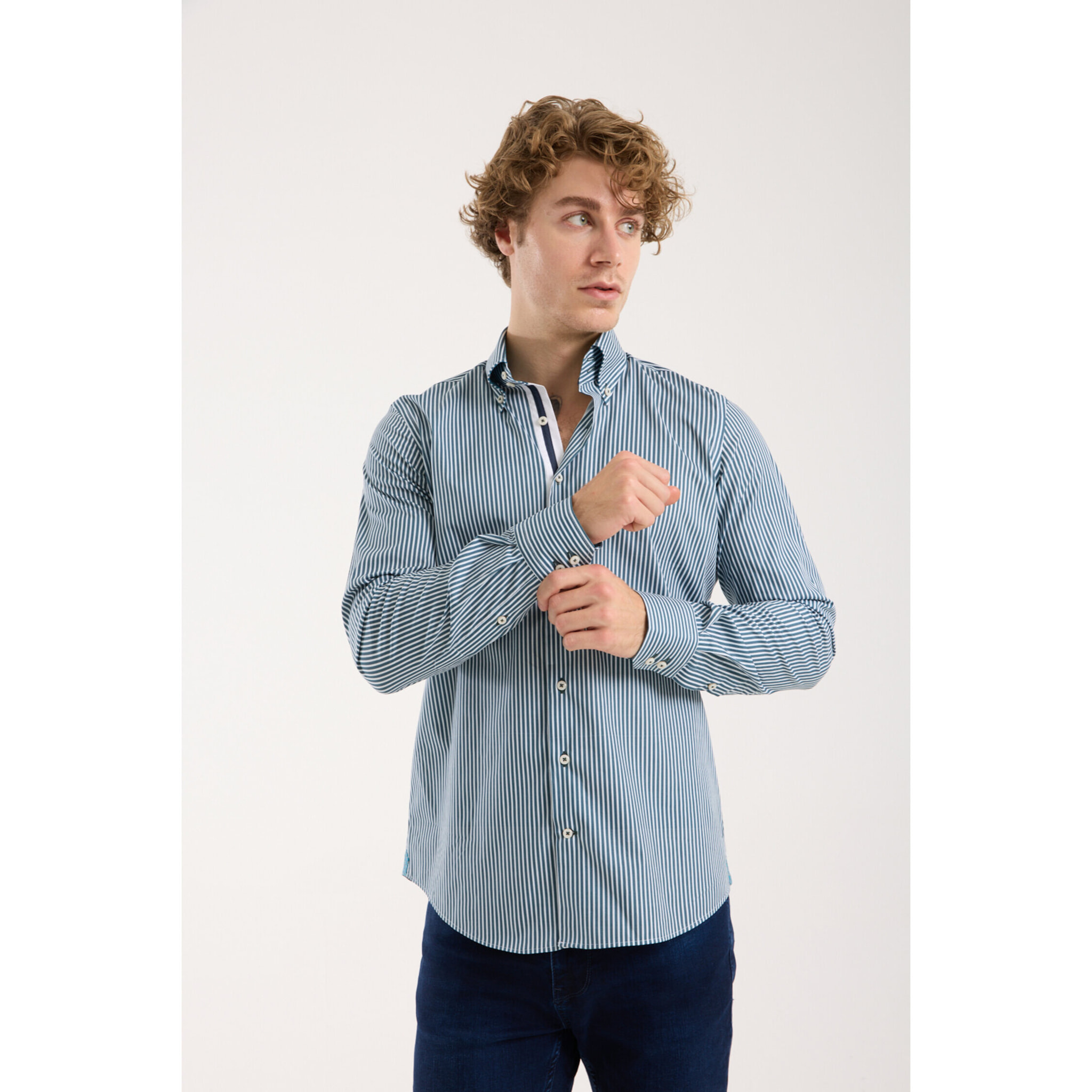 Camicia Uomo 2 Bottoni Button Down Slim Popeline Stretch Riga Media Bianco Verde Ottanio