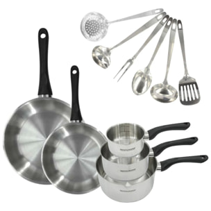 Set 2 poêles, 3 casseroles en inox et 6 ustensiles inox Fackelmann Geneva