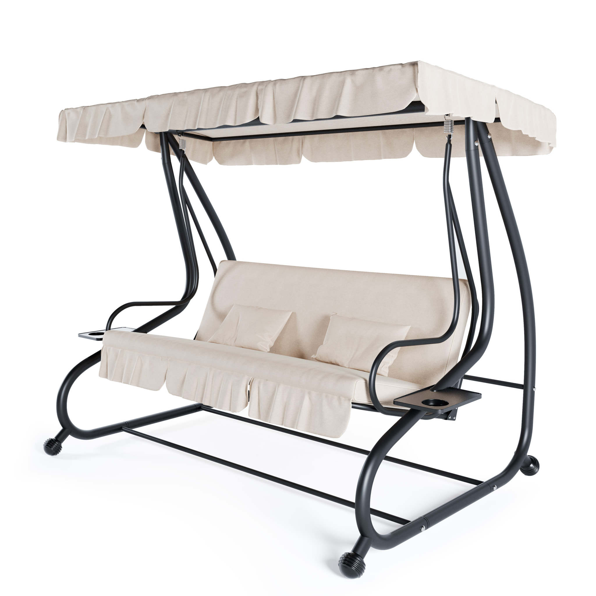 Dondolo 3 Posti Reclinabile Tettuccio Parasole Regolabile Cuscini Imbottiti Diventa Letto Struttura Robusta In Acciaio 200 x 120 x 160 cm Beige