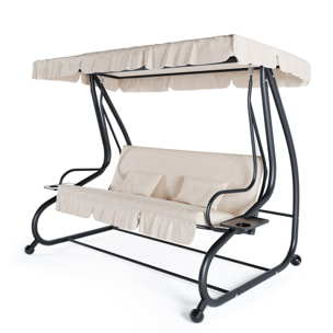 Dondolo 3 Posti Reclinabile Tettuccio Parasole Regolabile Cuscini Imbottiti Diventa Letto Struttura Robusta In Acciaio 200 x 120 x 160 cm Beige