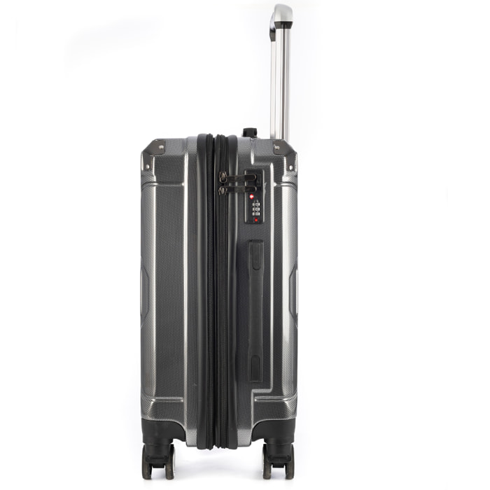 DAM Valigia da cabina Trolley estensibile in materiale leggero ABS+PC ad alta resistenza con angoli rinforzati. Chiusura numerica TSA, 4 ruote doppie rimovibili e girevoli a 360°. 37x24x56 Cm. Colore: Grigio Scuro