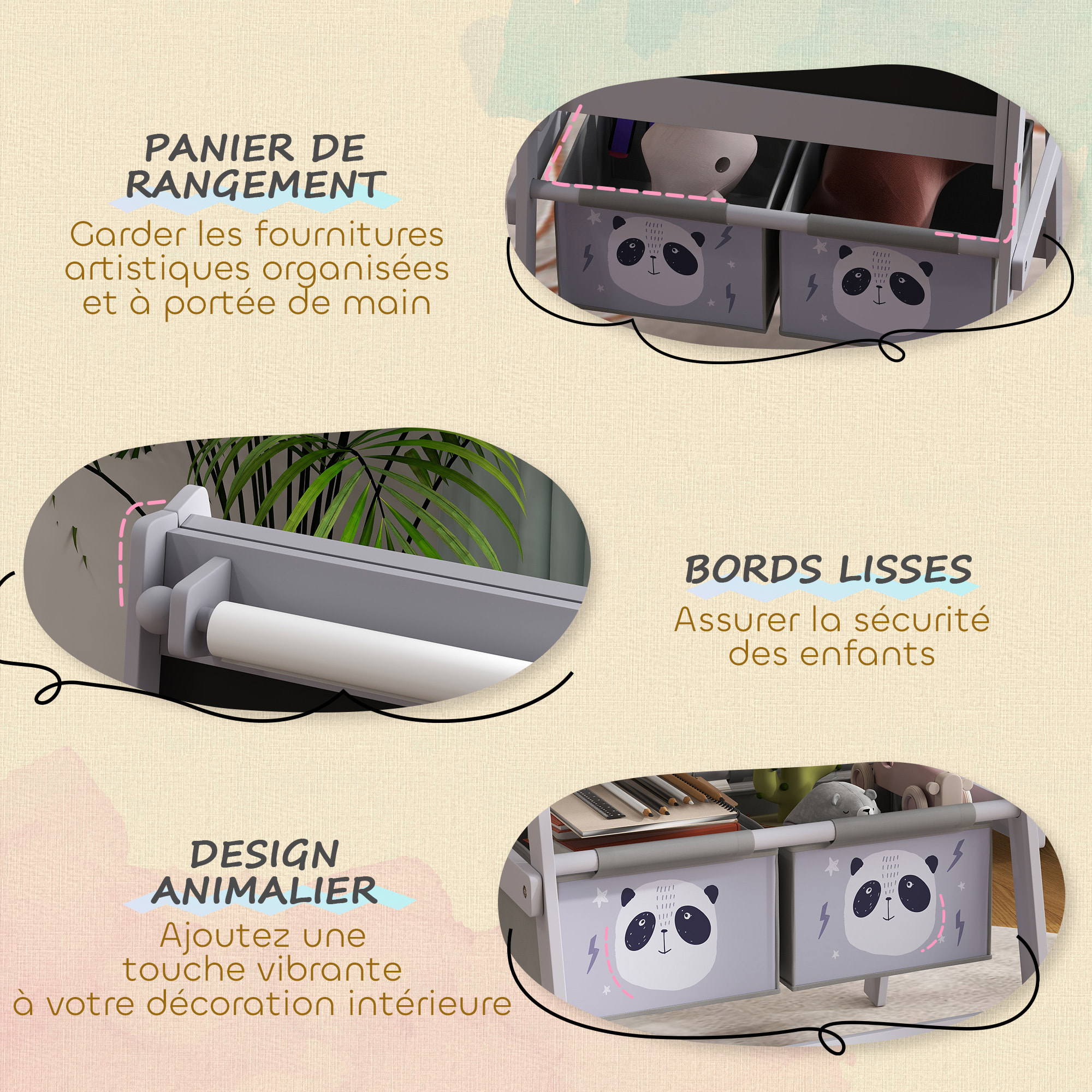 Tableau chevalet enfant - tableau blanc, tableau à craie, rouleau papier 3 en 1 - paniers rangement intégrés - MDF pin gris