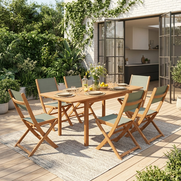 Table de jardin extensible bois d'eucalyptus + 6 assises ARBO + ALMERIA