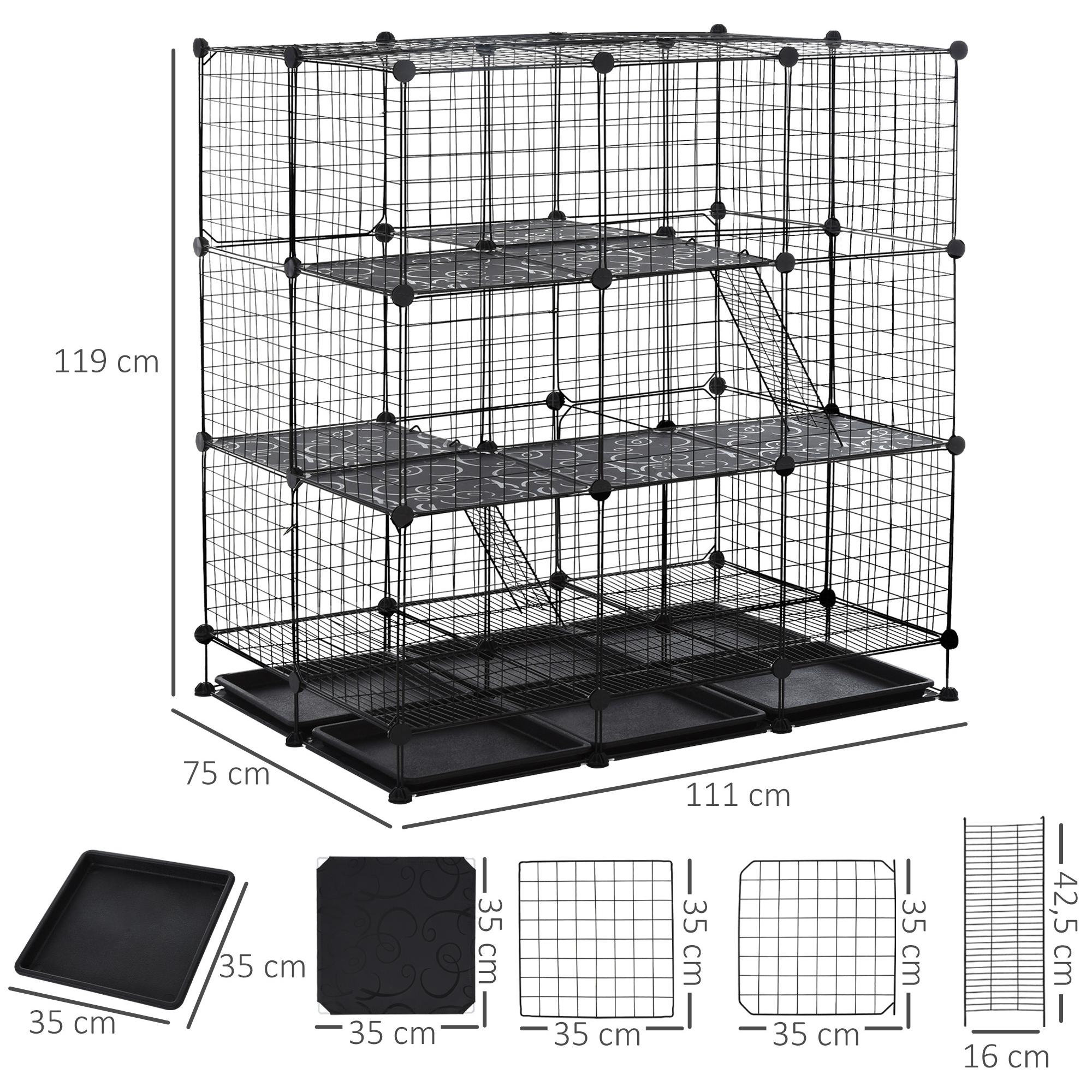 Cage parc enclos rongeurs modulable dim. L 111 x l 75 x H 119 cm 3 niveaux 4 portes fil métallique noir