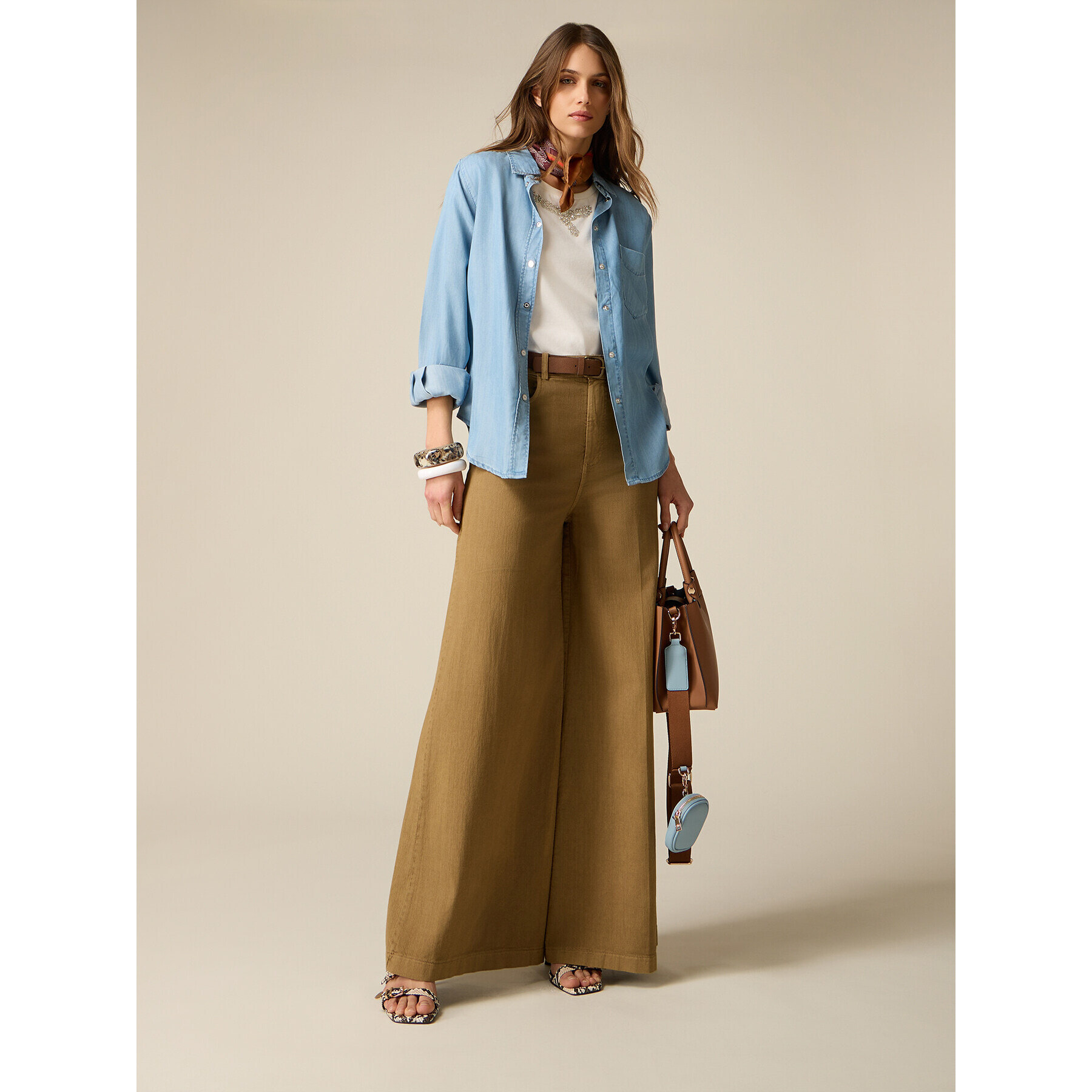 Oltre - Pantaloni wide leg in cotone maltinto - Marrone