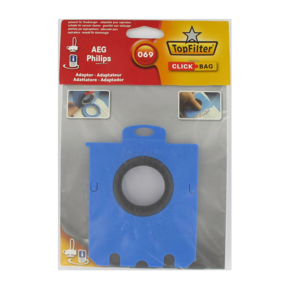 Boite de 4 sacs aspirateurs universels Top Filter avec Adaptateur Click Bag pour aspirateurs AEG Philips 069