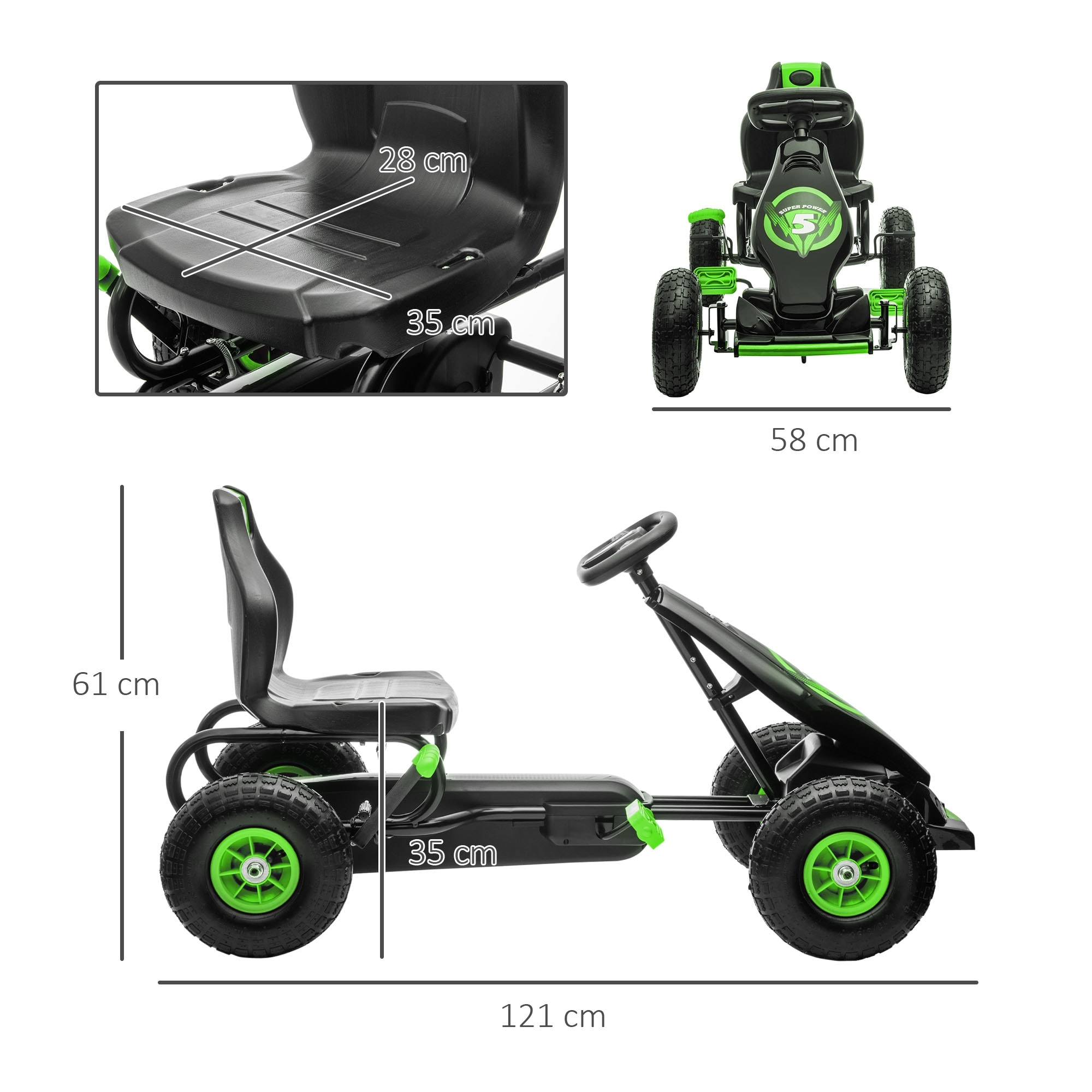 Kart à pédales enfant Go kart Formule 1 Racing Super Power 5 aileron avant pneus gonflables caoutchouc noir vert