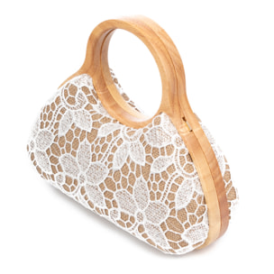 Avisio bolso de mano fabricado en madera natural, algodón y jute con diseño malla de tejido floral