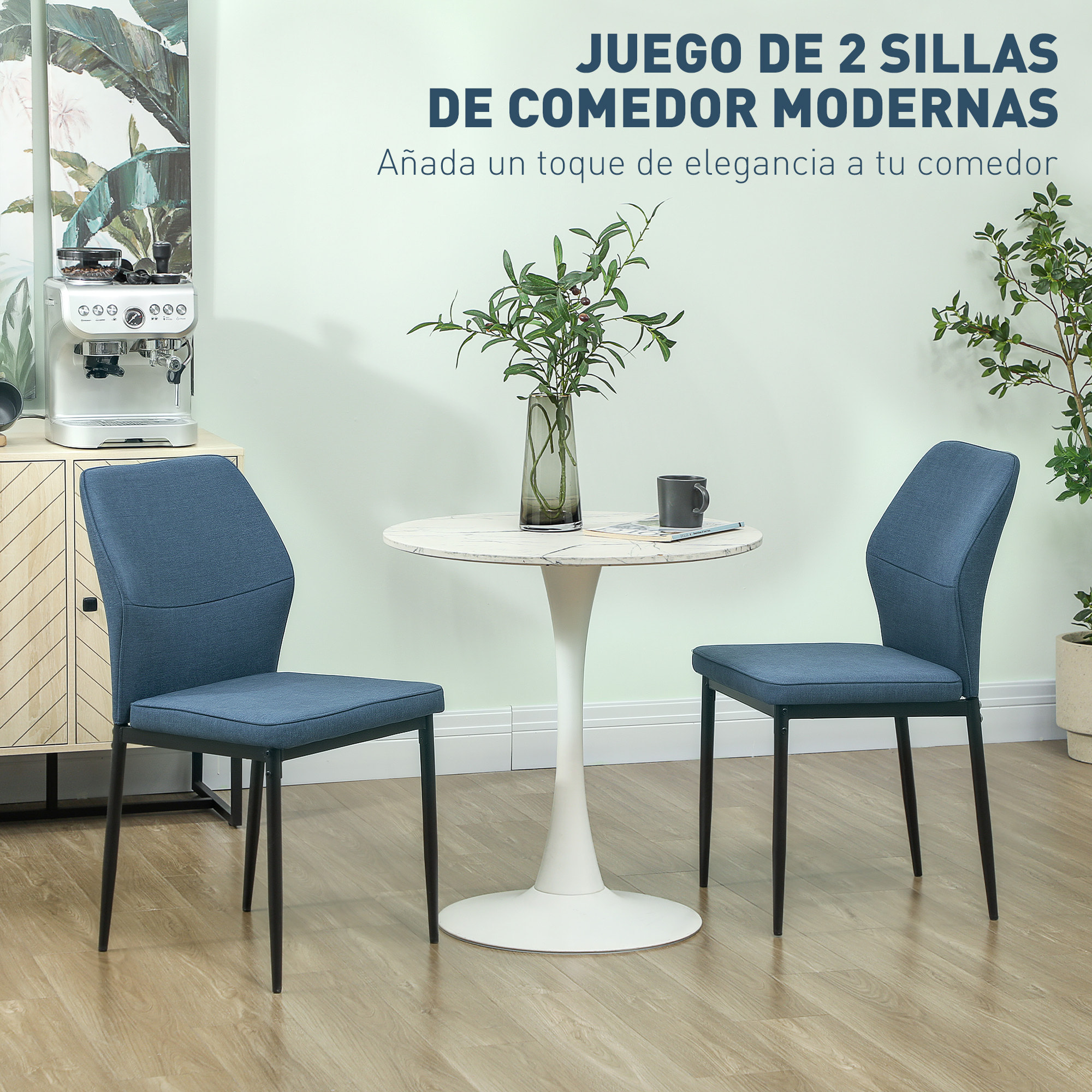 Juego de 2 Sillas de Comedor Modernas Sillas de Cocina con Asiento Acolchado y Tapizado Respaldo Curvo Patas de Acero para Salón Dormitorio Azul