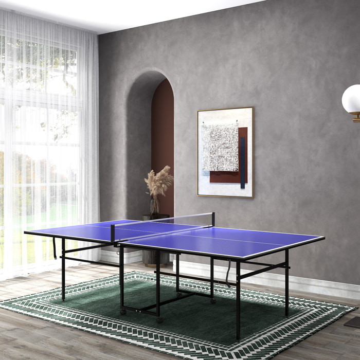 Table de ping-pong pliable compacte avec 4 roulettes bleu