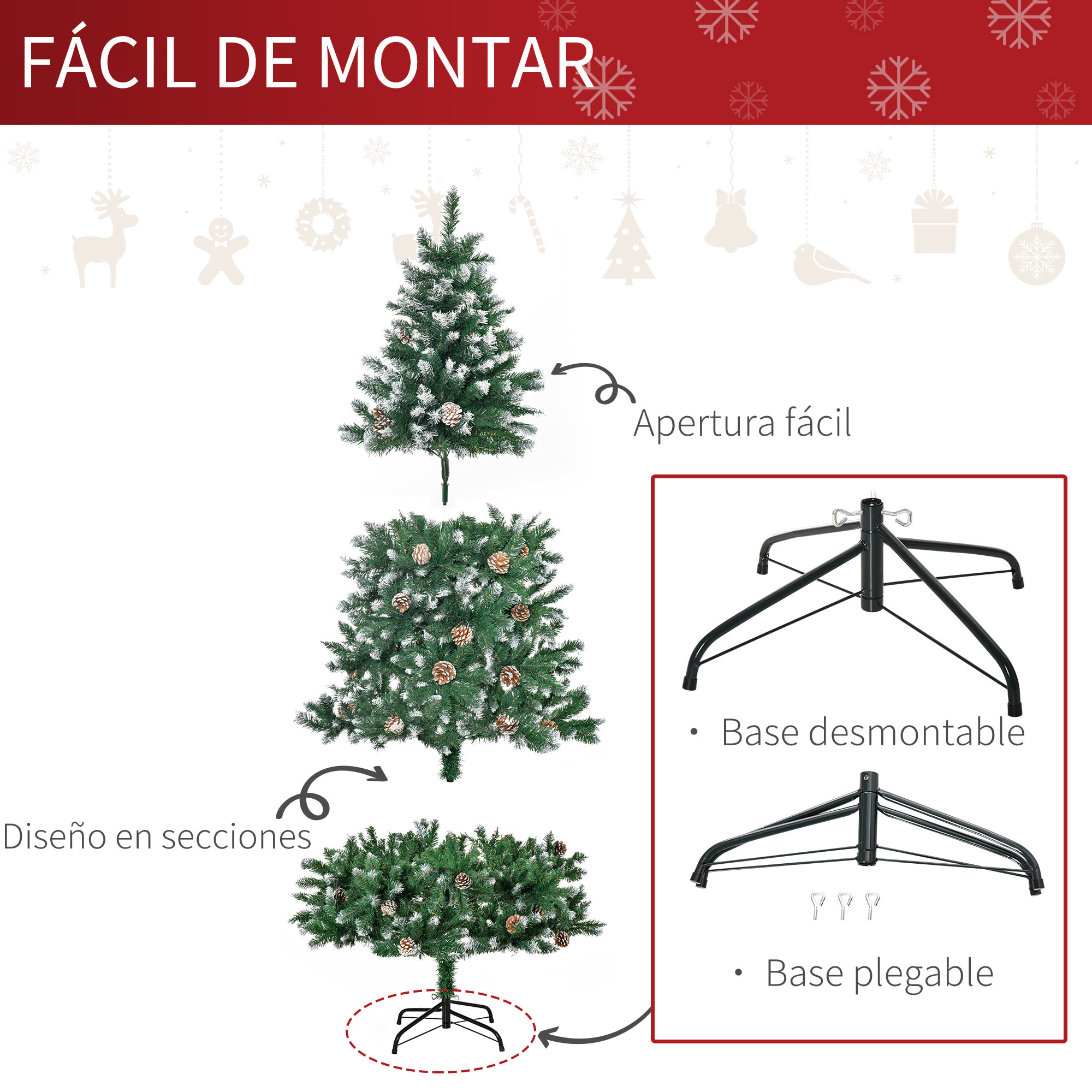 HOMCOM Árbol de Navidad Artificial Ø90x180 cm con 1111 Puntas de PVC y 59 Piñas con Ramas Apertura Automática Base Plegable y Soporte de Acero para Interiores Verde