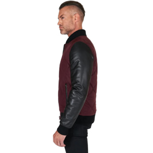 Bomber piumino in pelle nera e tessuto bordeaux