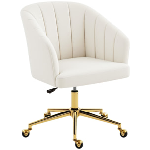 Silla de Oficina con Ruedas, Silla de Escritorio de Terciopelo con Respaldo Acolchado con Costuras, Asiento Ancho, Altura Ajustable, Espuma de Alta Resiliencia, para Casa, Oficina, Crema