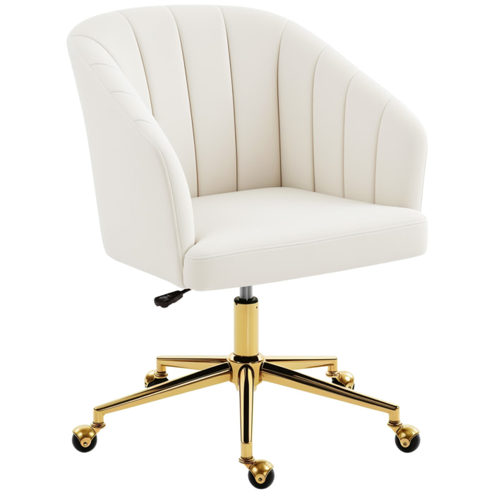 Silla de Oficina con Ruedas, Silla de Escritorio de Terciopelo con Respaldo Acolchado con Costuras, Asiento Ancho, Altura Ajustable, Espuma de Alta Resiliencia, para Casa, Oficina, Crema