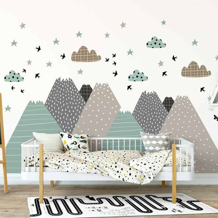 Stickers muraux enfants - Décoration chambre bébé - Autocollant Sticker mural géant enfant montagnes scandinaves SARKA