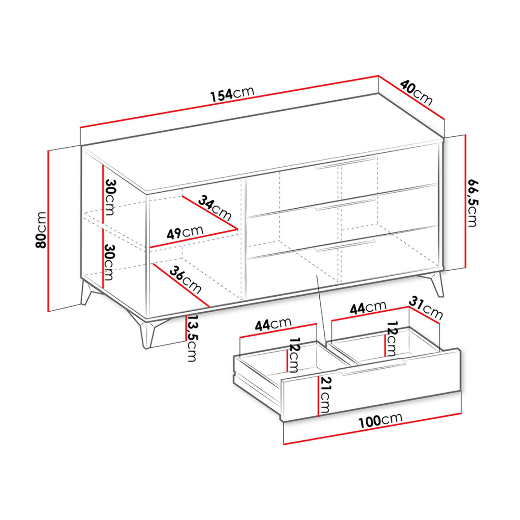 Boccioni - buffet bas - beige - 3 tiroirs et 1 porte - 154 cm - Beige
