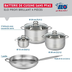 Ensemble de 1 Poêle de cuisson 32 cm et 3 faitouts 12, 20 et 24 cm Elo Profi Brillant