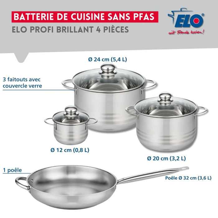 Ensemble de 1 Poêle de cuisson 32 cm et 3 faitouts 12, 20 et 24 cm Elo Profi Brillant
