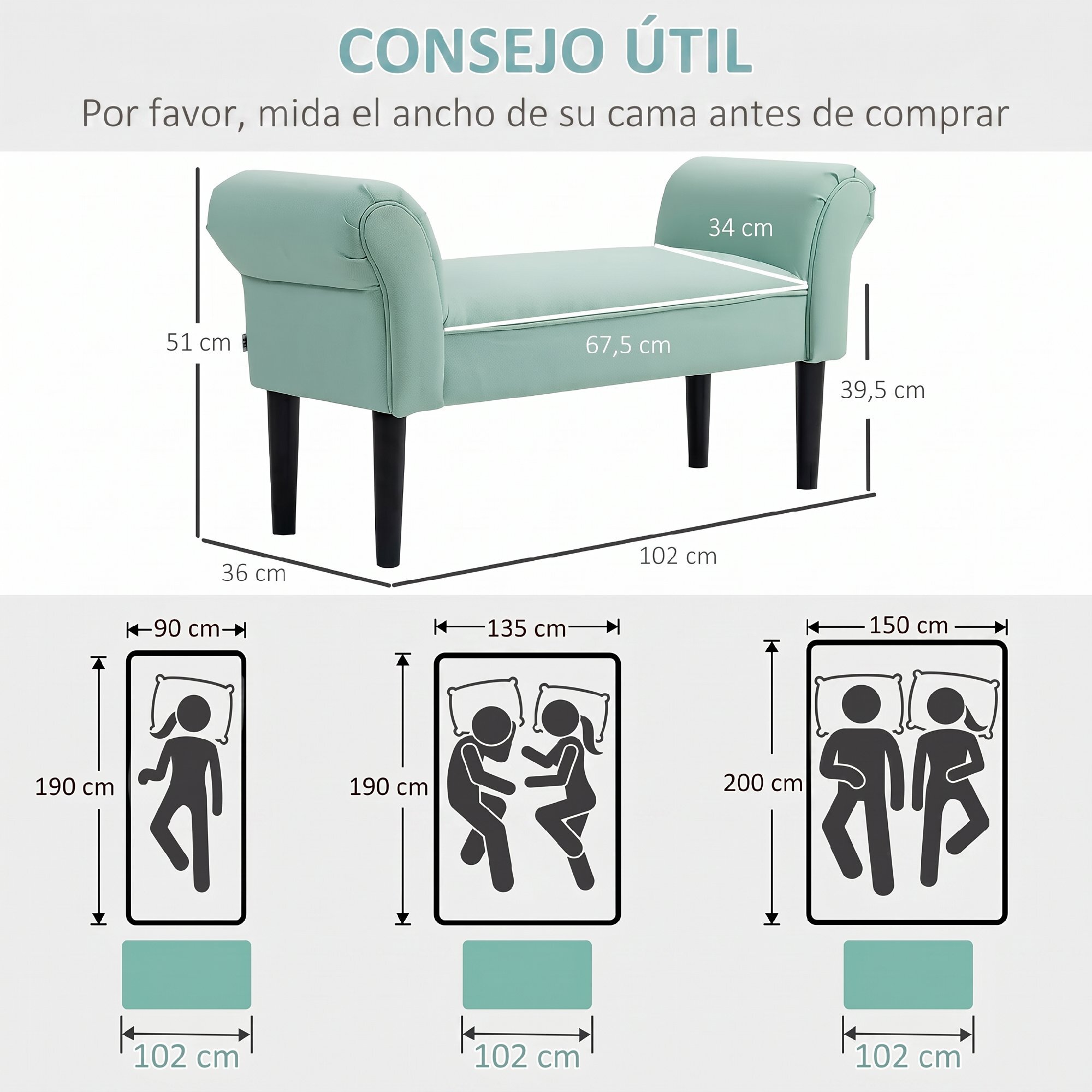 Banco Pie de Cama, Taburete Pie de Cama Tapizado en Lona con Patas de Madera, Reposabrazos y Asiento Acolchado, Estilo Moderno, Banco para Dormitorio, Entrada, Pasillo, Verde Claro