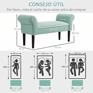 Banco Pie de Cama, Taburete Pie de Cama Tapizado en Lona con Patas de Madera, Reposabrazos y Asiento Acolchado, Estilo Moderno, Banco para Dormitorio, Entrada, Pasillo, Verde Claro
