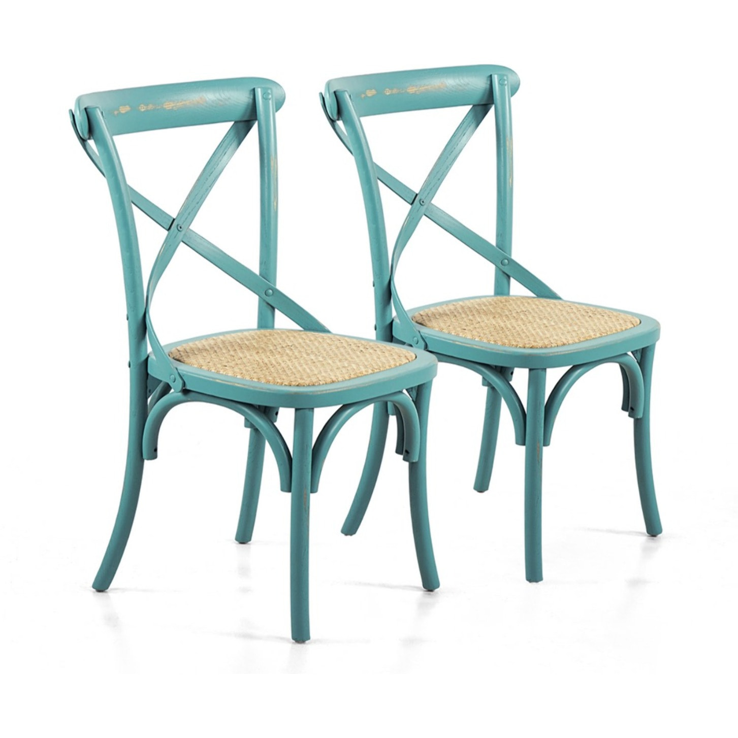 Set 2 sedie in legno di olmo e rattan azzurre vintage - Cross