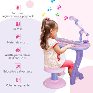 HOMCOM Pianola per Bambini con Sgabello e Microfono, 12 Strumenti e 22 Musiche, Registrazione, MP3 e Karaoke, Rosa