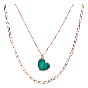 Collana Multifilo Forzatina e Catena Rosario con Pendente Cuore in Malachite Verde