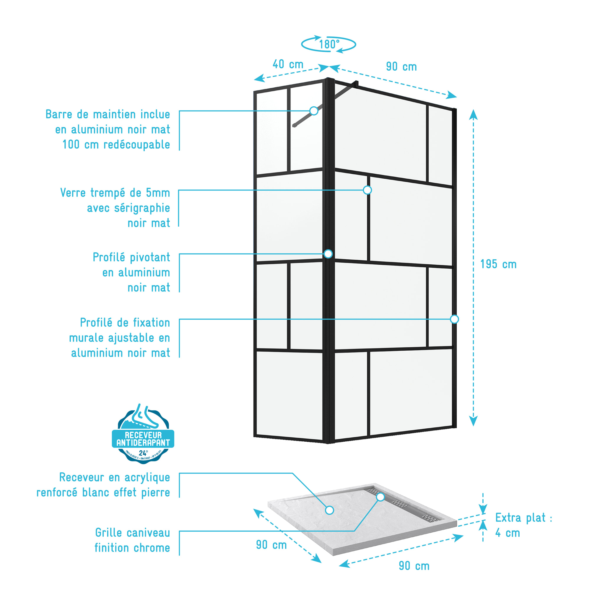 Pack Paroi de douche 90+40x195cm + Receveur blanc lineaire 90x90cm - BLOCKS 90
