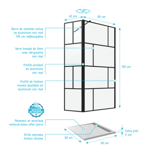Pack Paroi de douche 90+40x195cm + Receveur blanc lineaire 90x90cm - BLOCKS 90