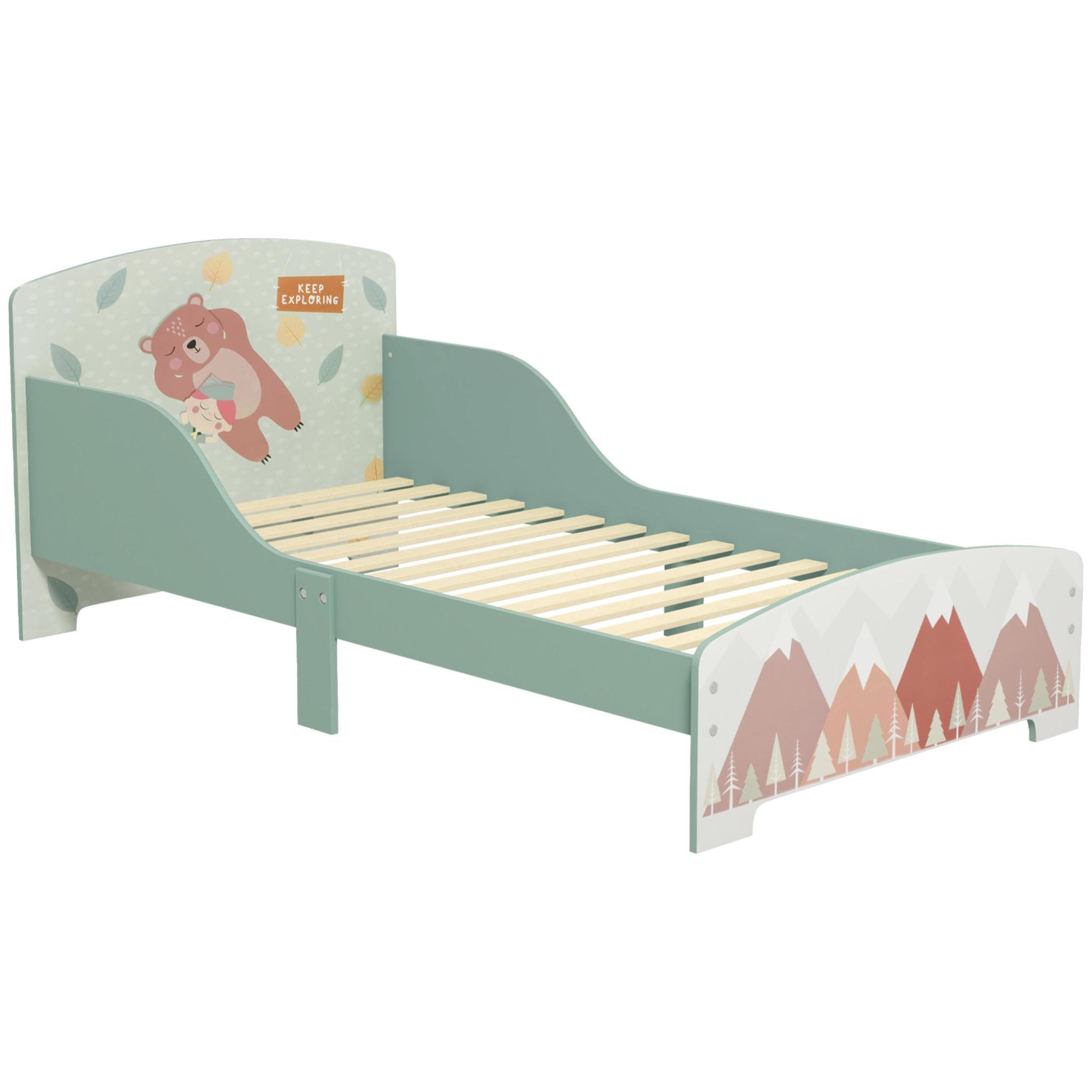 Lit pour enfant 3-6 ans design mountain adventure - sommier à lattes inclus - barrières de sécurité - vert