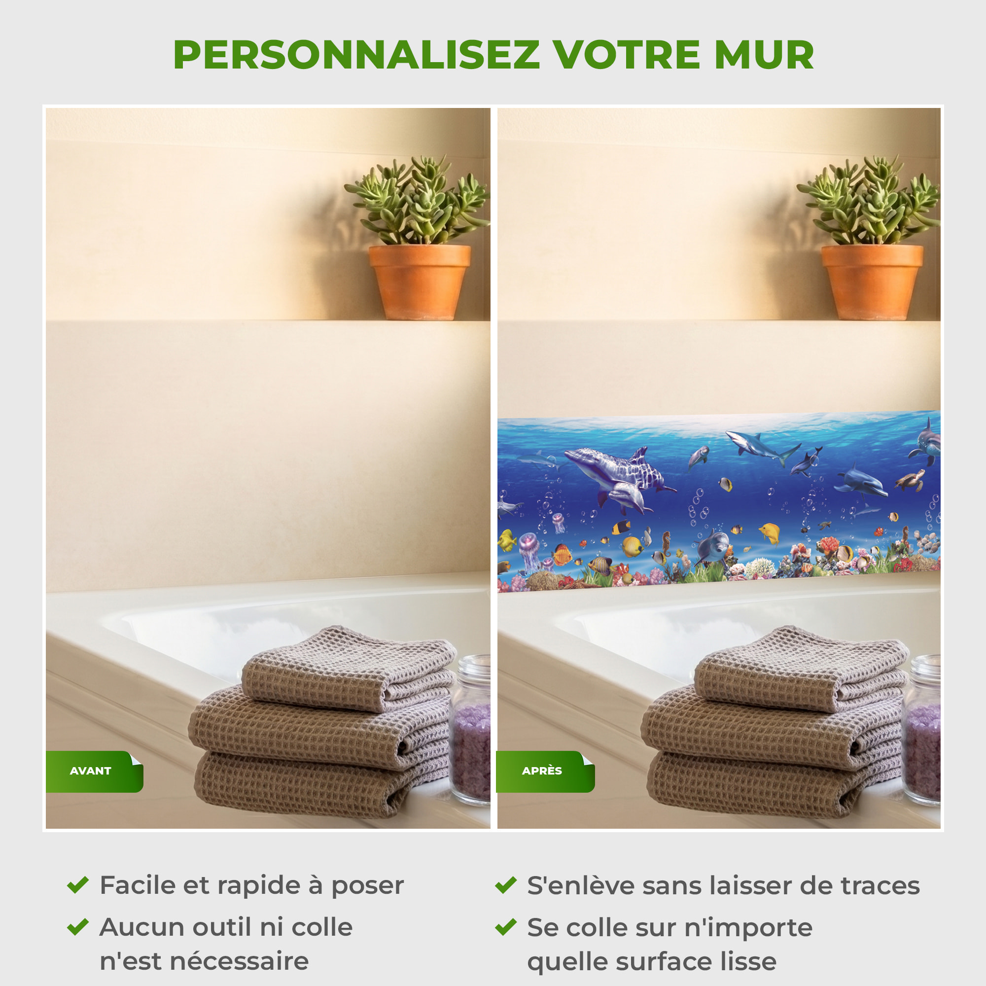 Stickers Muraux décoration adhésifs salle de bain dauphin, baleine, poissons exotiques