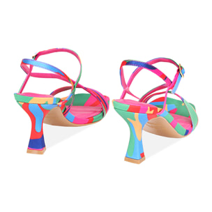 Sandali multicolor-verdi in raso, tacco 7,5 cm