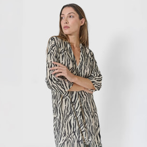 Vestido midi bambula detalles plisados yves beige/negro