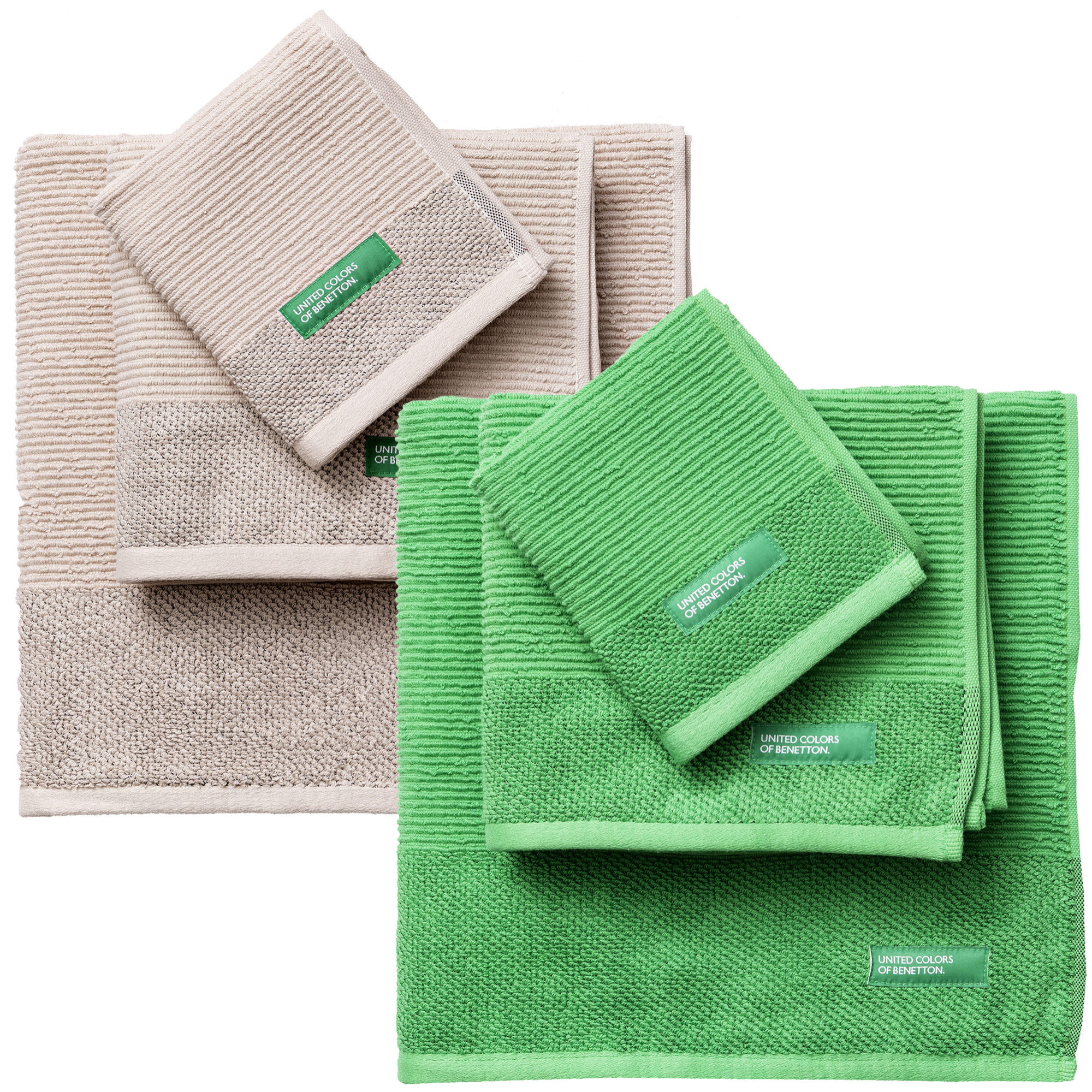 PACK DE 2 SET DE 3 TOALLAS DE BAÑO EN COLOR VERDE  Y BEIGE - BENETTON