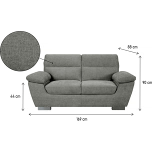 Canapé fixe en tissu "Dallas" - 169 x 88 x 90 cm - 2 places - Gris