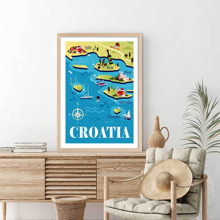 Poster de les iles de croatie Affiche + cadre en bois - Chêne