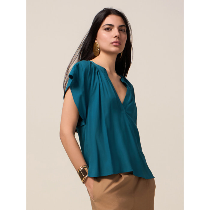 Oltre - Blusa de manga corta de viscosa - Petrol Blue