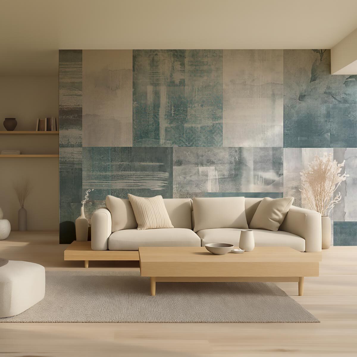 Papier peint abstrait patchwork minéral bleu et gris Intissé